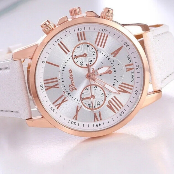 Accessories - Geneva Women Leather Band Stainless Steel Quartz Analog Wrist Watch